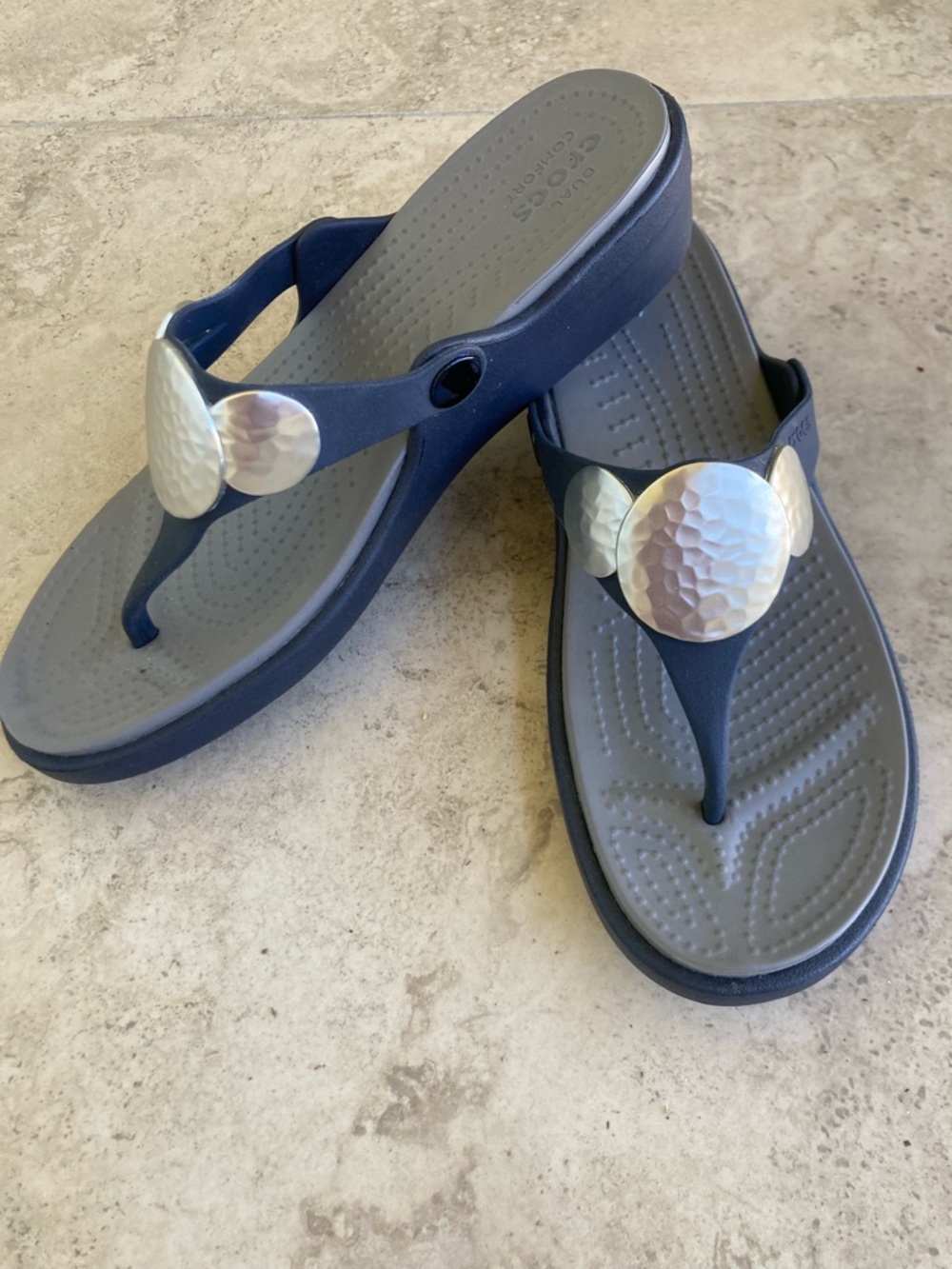 CROCS Navy and Gray Wedge Thong Sandals with Hammered Silver Discs